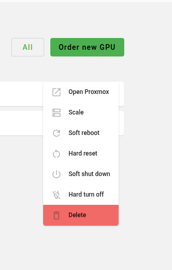 GPU Cloud server management menu
